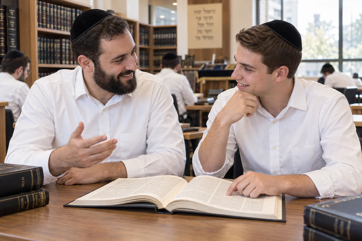 Two smiling yeshivish men discussing a sefer in a beis medrash