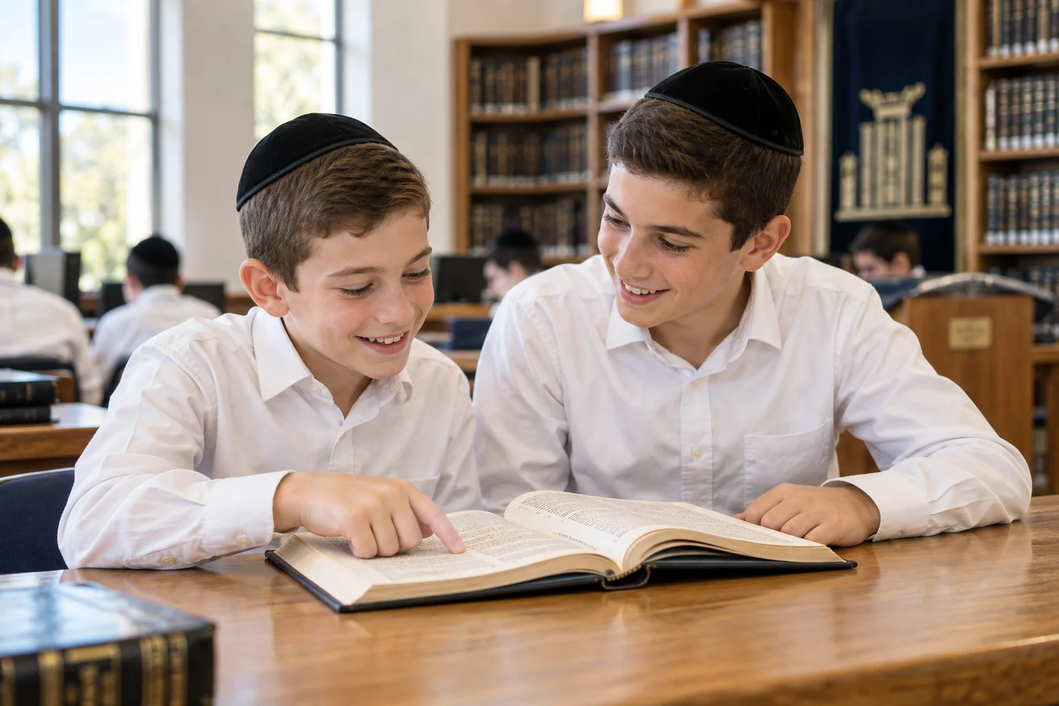 Two yeshivish boys enjoying learning Mishnayos together
